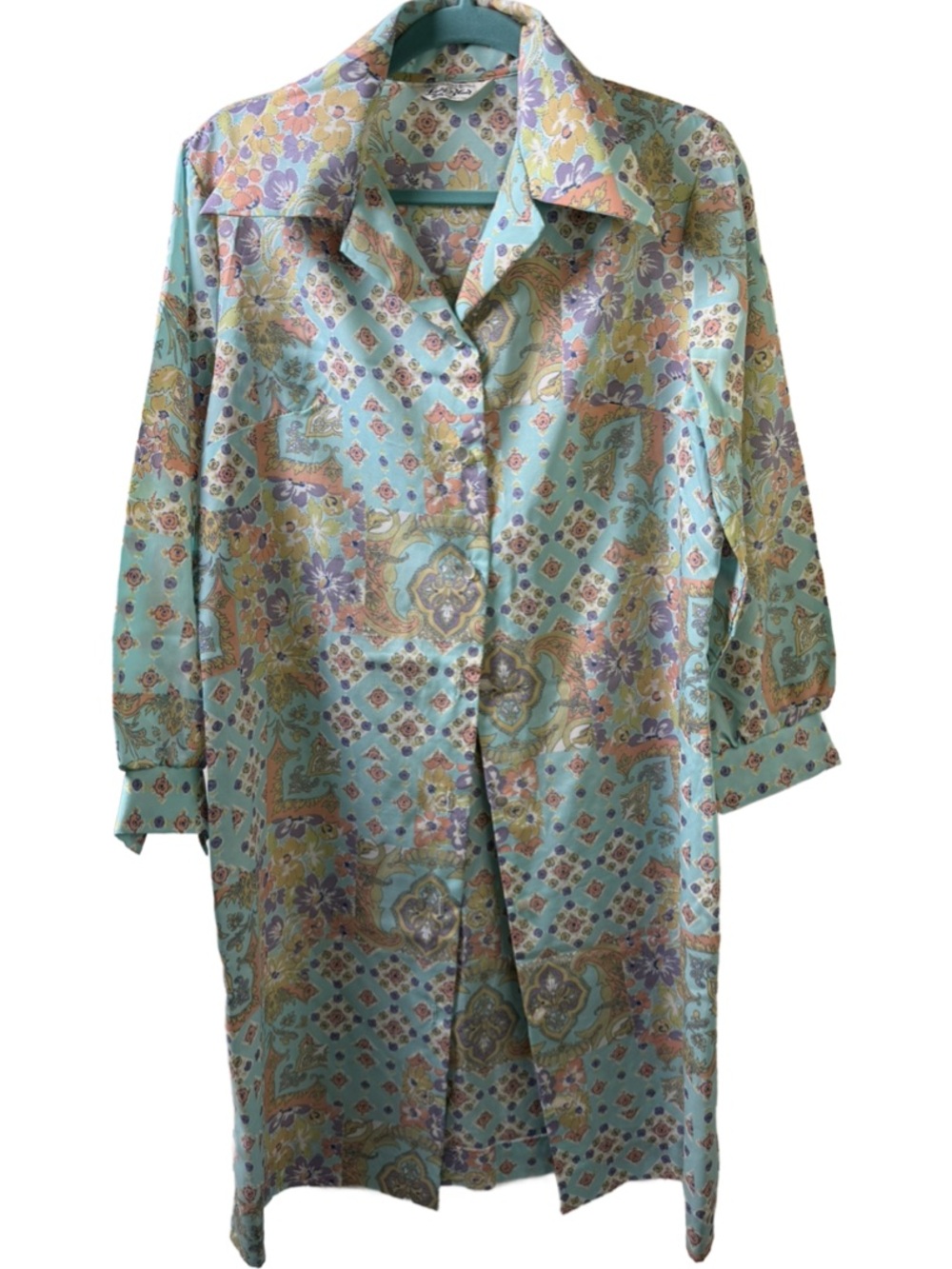 Vintage Long Sleeve Dress Coat in Aqua, Gold and Lilac Floral Print